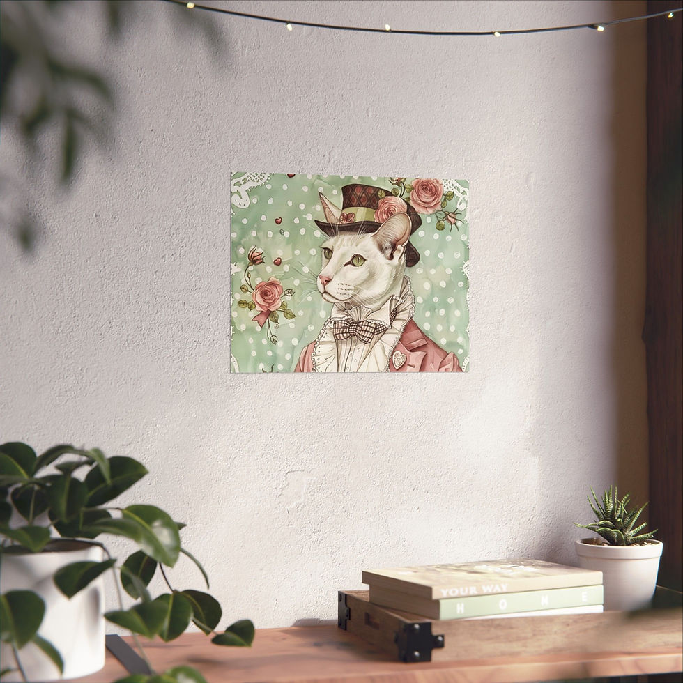 Thumbnail: Shabby Cat Art Print Victorian Male Kitty in Top Hat Pink & Mint Cat Lover Gift