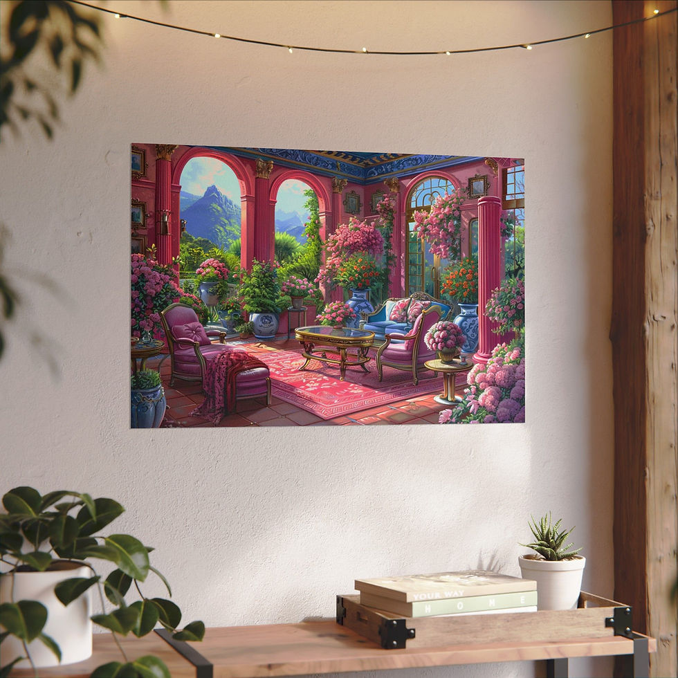 Thumbnail: Shabby Art Print Pink Sun Room Flowers Mountains French Country Vintage Style
