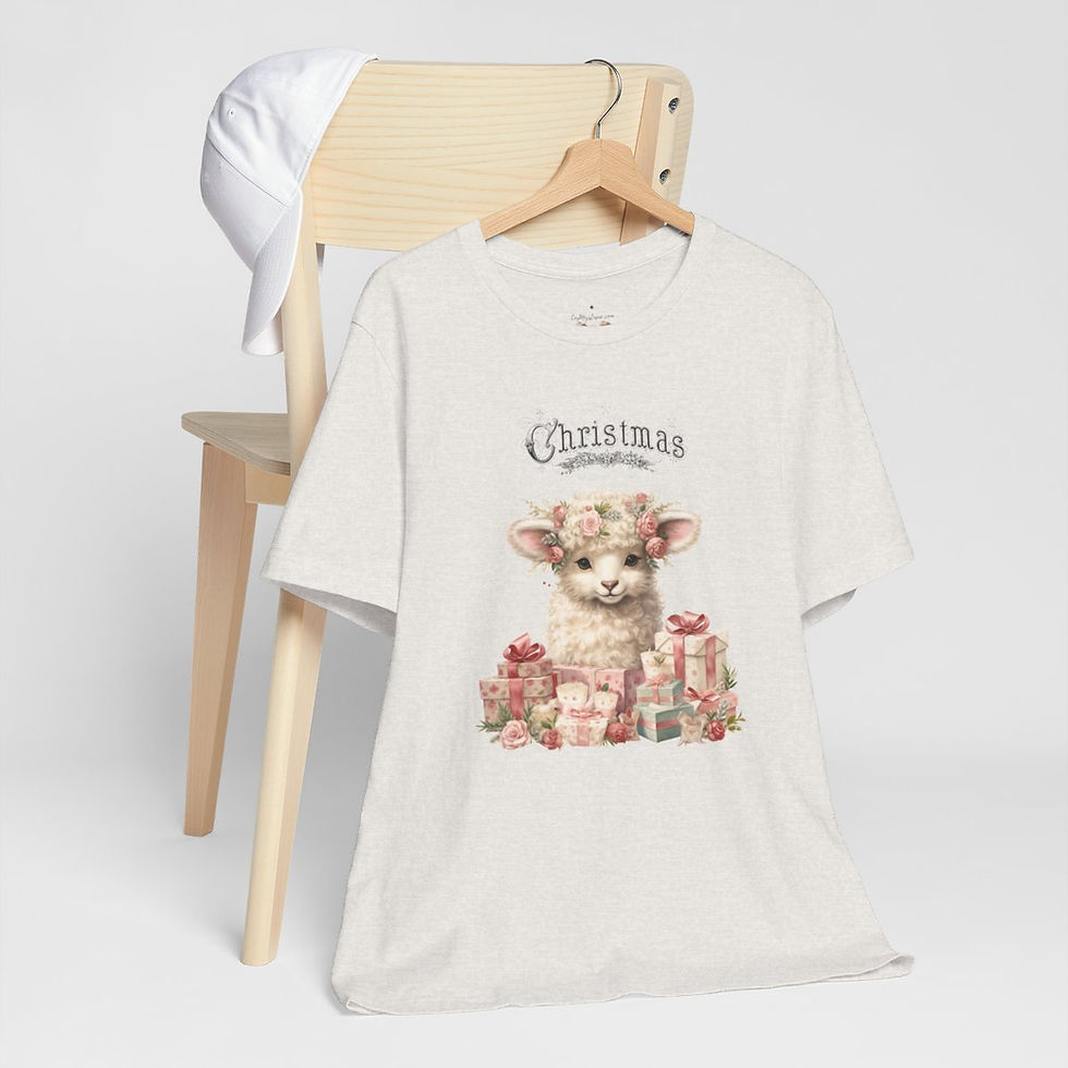 Thumbnail: Shabby Farmhouse Christmas T-Shirt Lamb Art Tee Vintage style Cottage Pink Roses