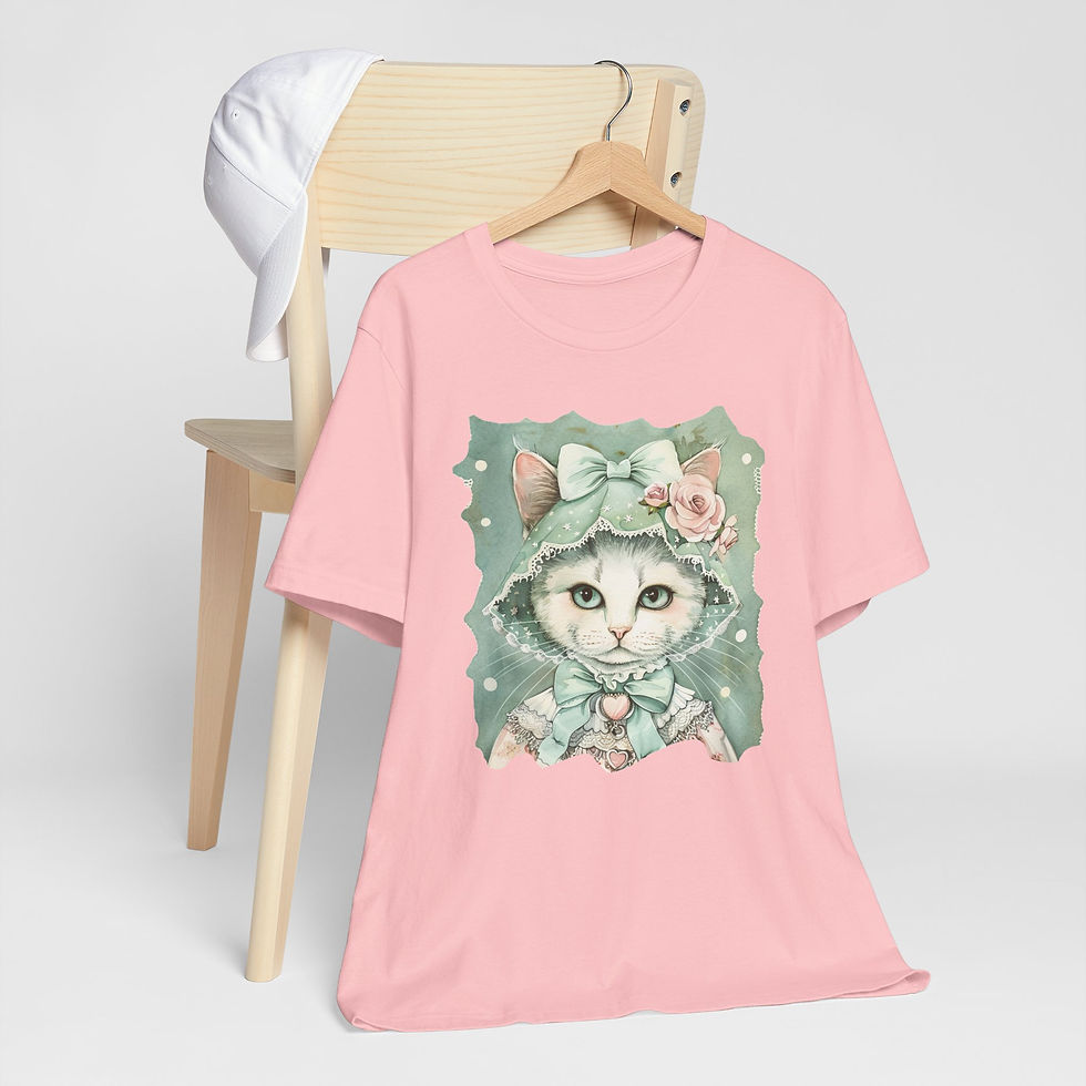 Thumbnail: Victorian Cat Art T-Shirt Shabby Mint & Pink Hat Roses Artistic Cat Lover Gift