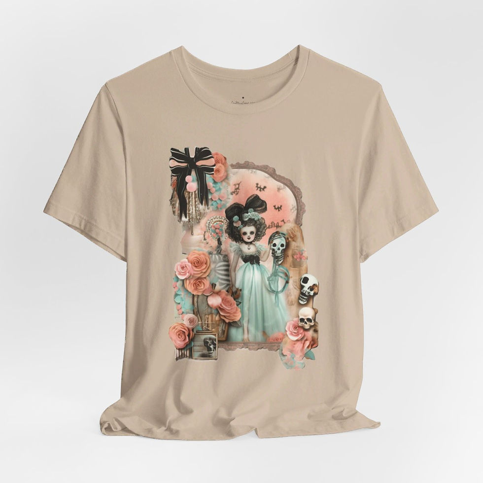 Thumbnail: Halloween T-Shirt Shabby Girl Zombie Skulls Pink Roses Art Tee Trendy Apparel