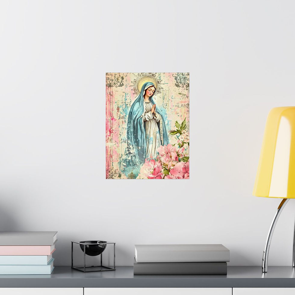 Thumbnail: Shabby French Virgin Mary Print Praying Mother Mary Pink Roses Giclee Wall Art