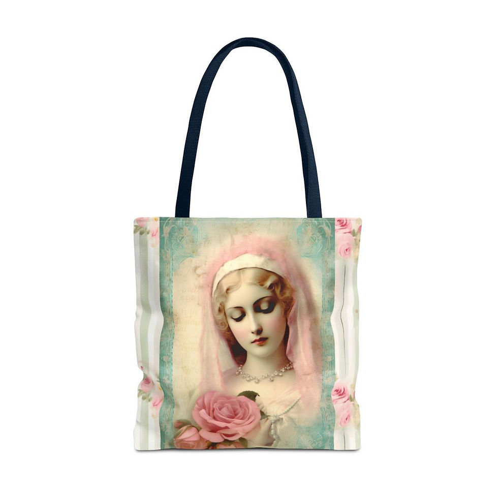 Thumbnail: Shabby Virgin Mary Tote Bag Mother Mary Praying Pink Roses Serene Catholic Gift