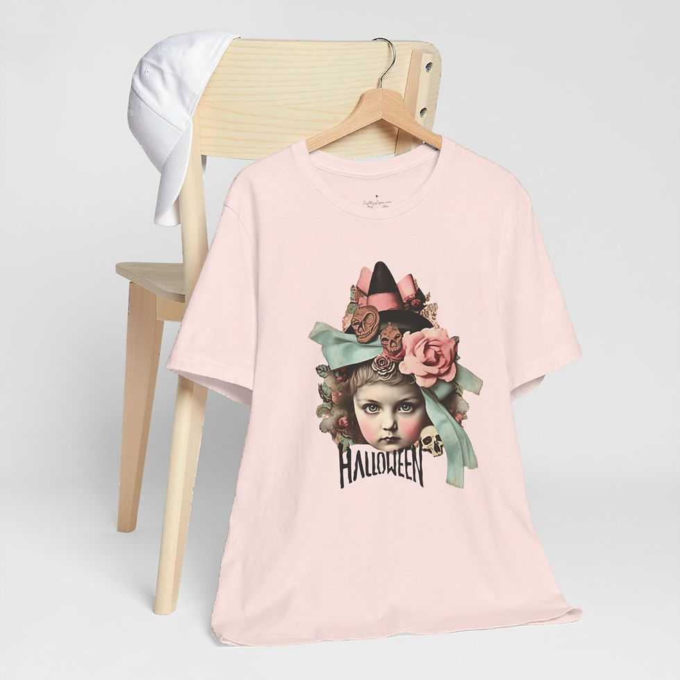 Thumbnail: Halloween T-Shirt Creepy Girl Witch Pink Roses Art Tee Trendy Apparel