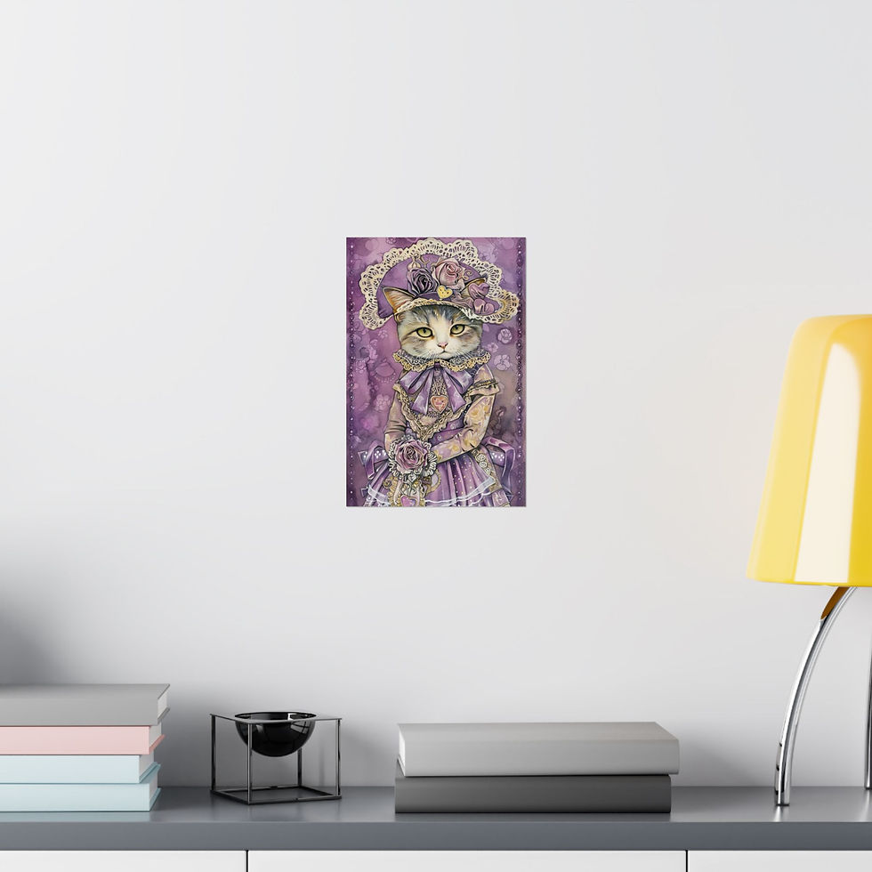 Thumbnail: Cat Art Print - Cat in Bonnet Shabby Victorian Cat Lover Gift Purple Wall Decor 