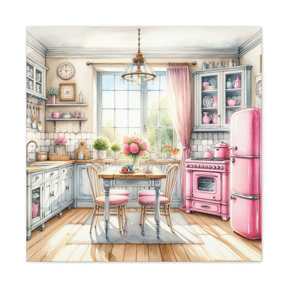 Thumbnail: Pink Retro Kitchen Art Shabby Cottage Farmhouse Kitchen Art Canvas Wall decor