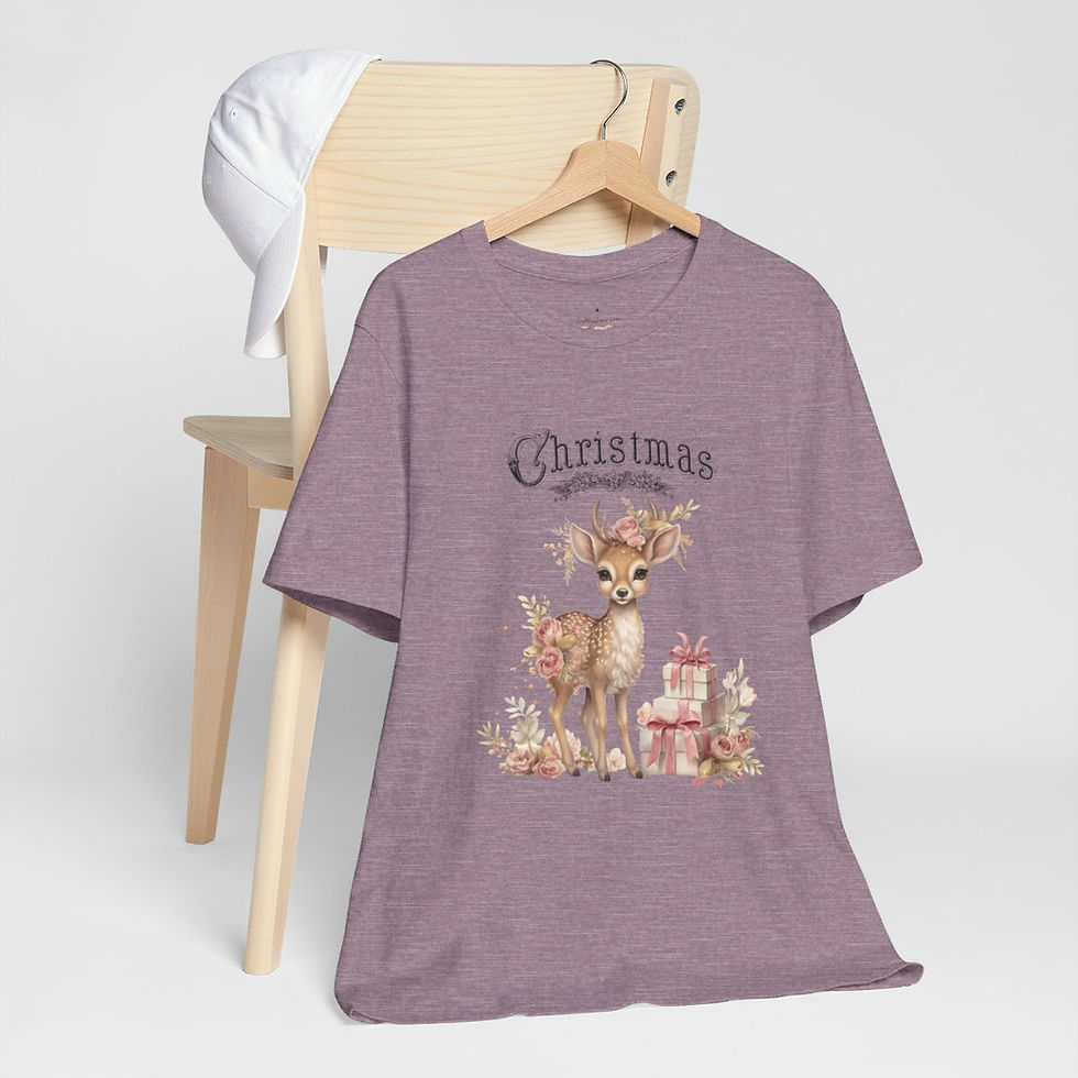 Thumbnail: Vintage Style Christmas T-Shirt Reindeer Art Tee Shabby Pink Roses