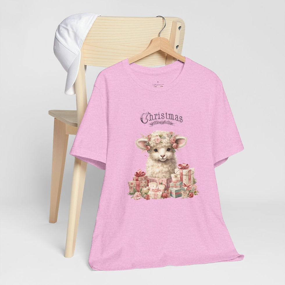 Thumbnail: Shabby Farmhouse Christmas T-Shirt Lamb Art Tee Vintage style Cottage Pink Roses