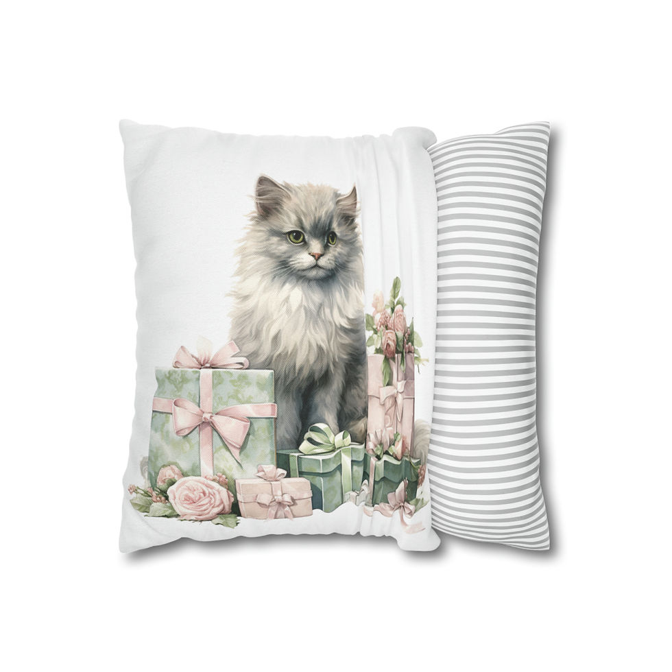 Thumbnail: Shabby Christmas Throw Pillow cover Victorian Kitty Cat Pink Roses Holiday Decor