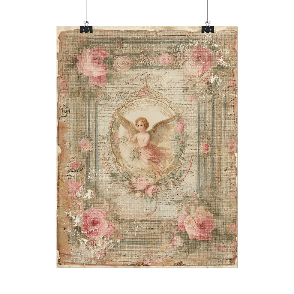 Thumbnail: Victorian Cherub & Pink Roses Art Print - Romantic Shabby Chic Vintage Decor