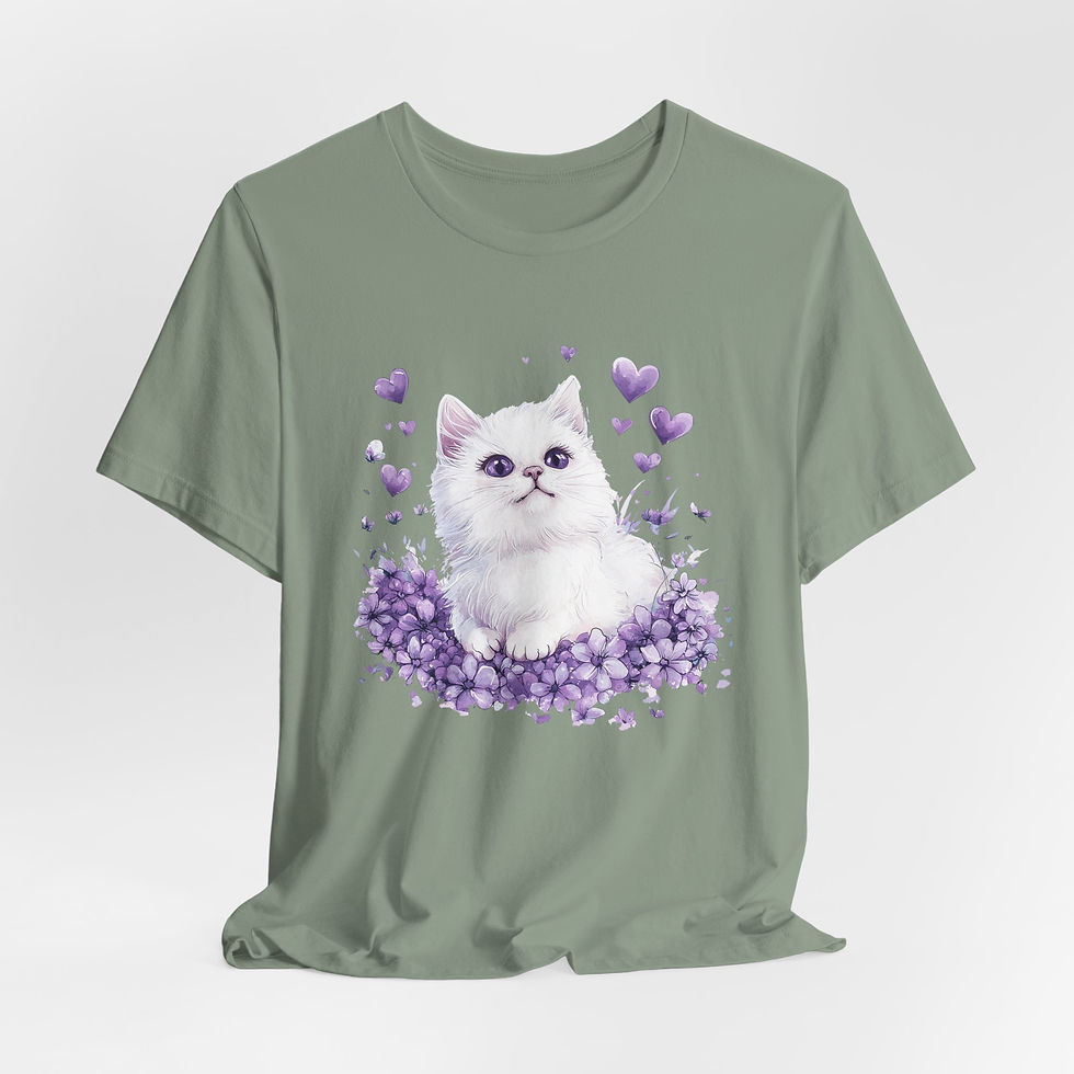 Thumbnail: Artistic Cat T-Shirt Shabby Purple Hearts & White Kitten Art Cute Cat Lover Gift