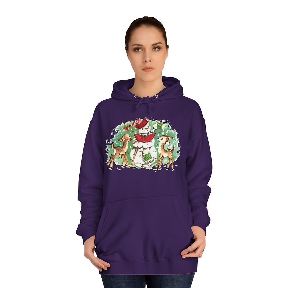 Thumbnail: Retro Snowman and Reindeer Hoodie Sweatshirt w/Pockets Cozy Winter Apparel 