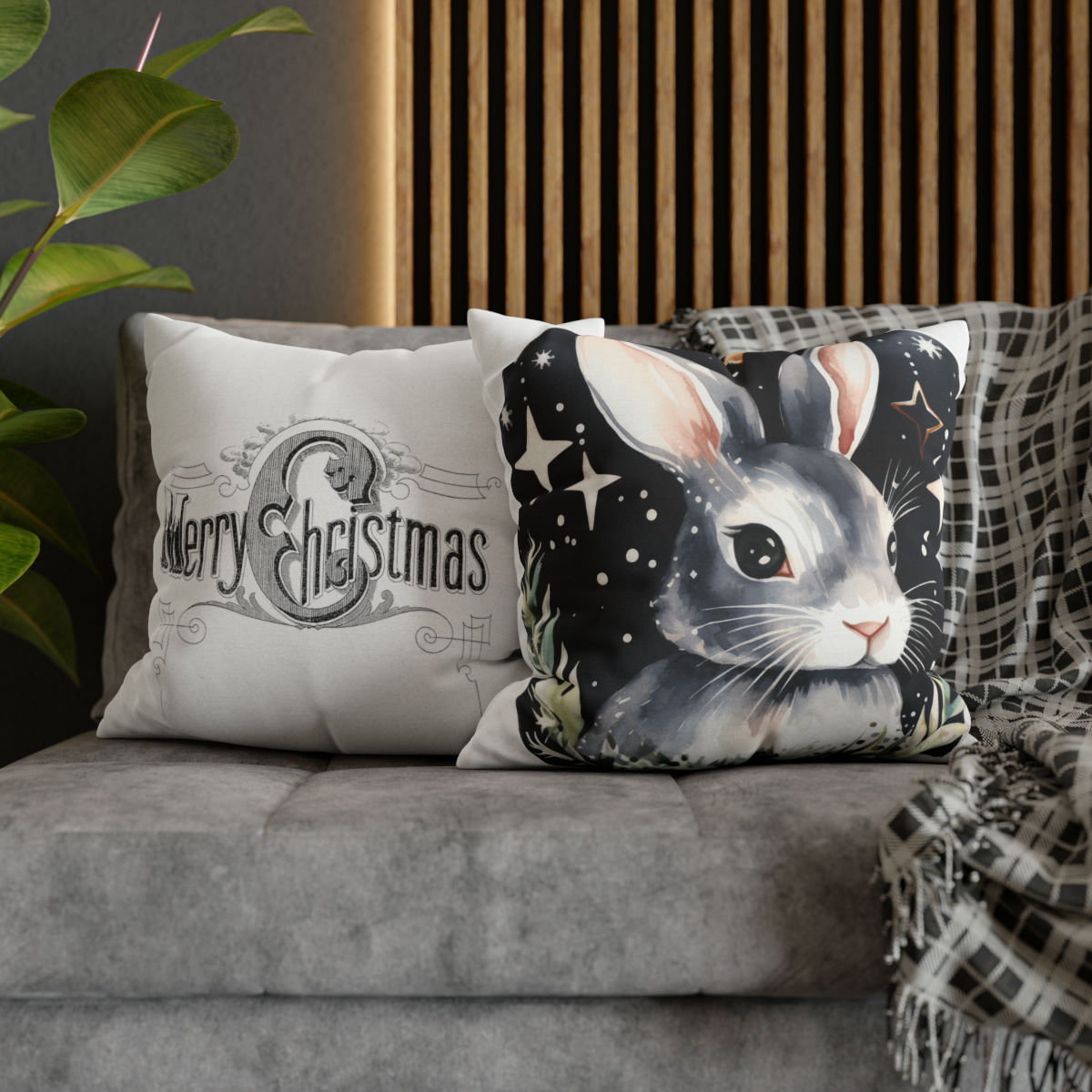 Black & White Christmas Decor Artistic Throw Pillow Cover Starry Night Bunny Art