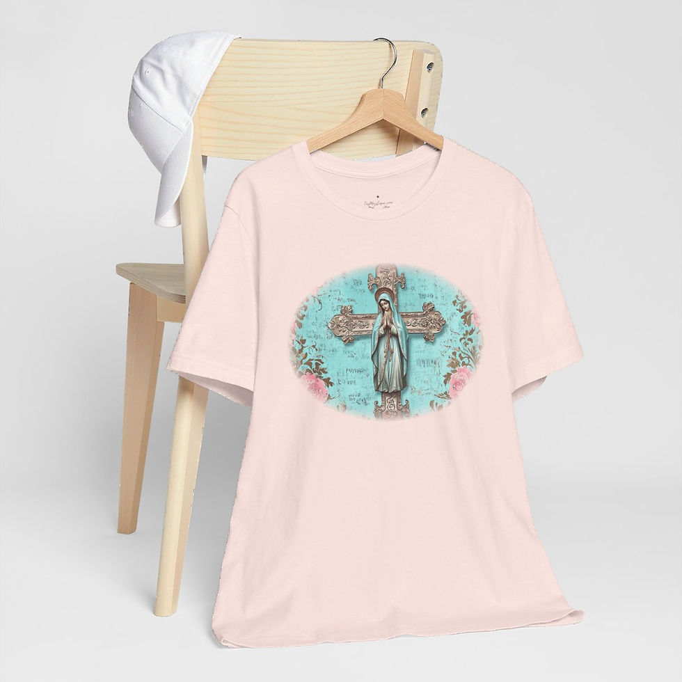 Thumbnail: Catholic T-Shirt Shabby Praying Mother Mary on Cross Pink Roses Art Tee