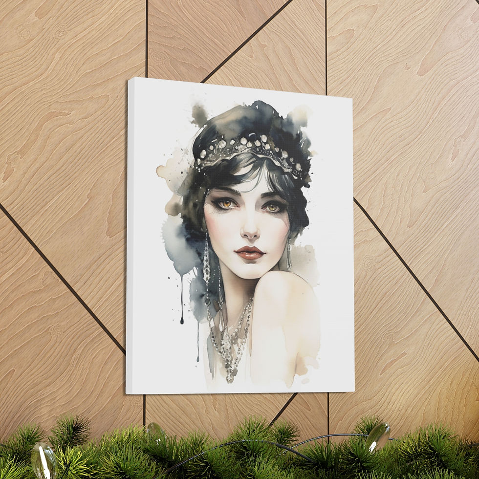 Thumbnail: Art Deco Watercolor Boho Flapper Artwork Canvas Gallery Wrap French Wall Decor 