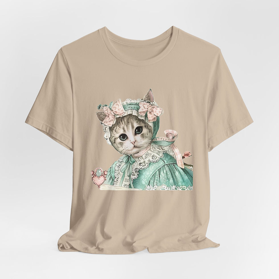 Thumbnail: Victorian Cat Art T-Shirt Shabby Mint & Pink Hat Roses Artistic Cat Lover Gift