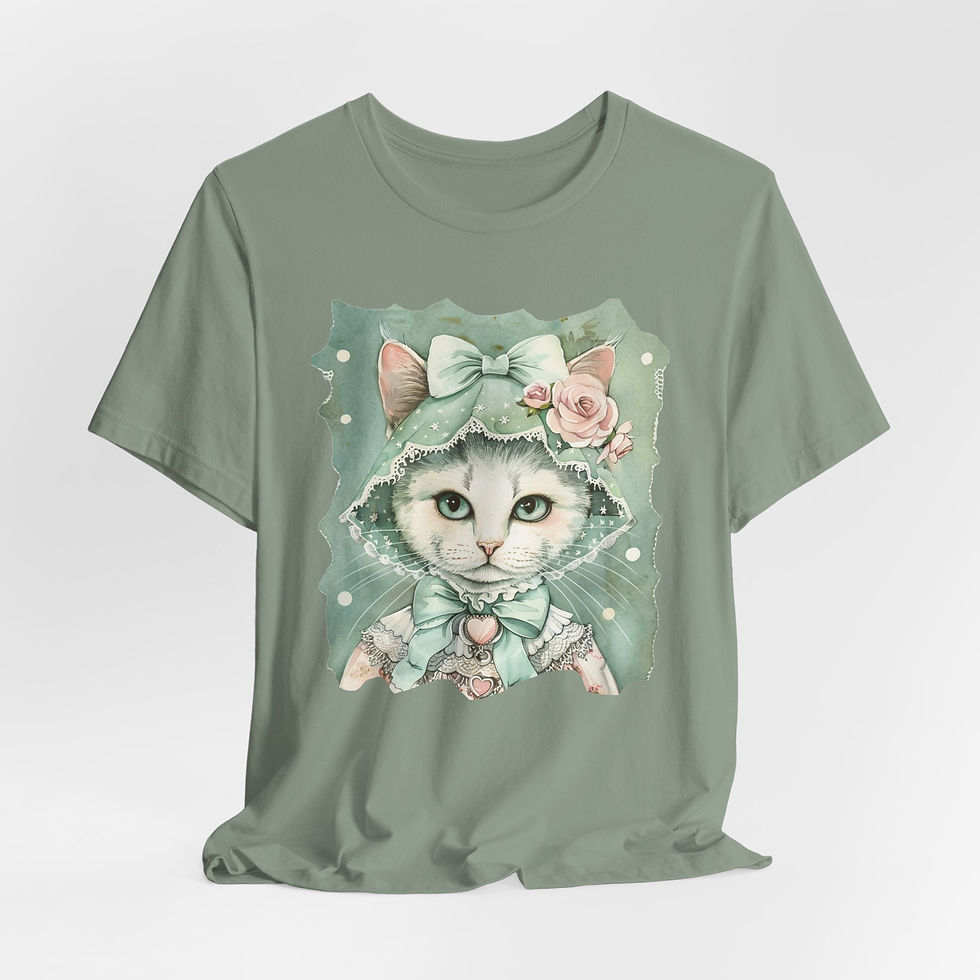 Thumbnail: Victorian Cat Art T-Shirt Shabby Mint & Pink Hat Roses Artistic Cat Lover Gift