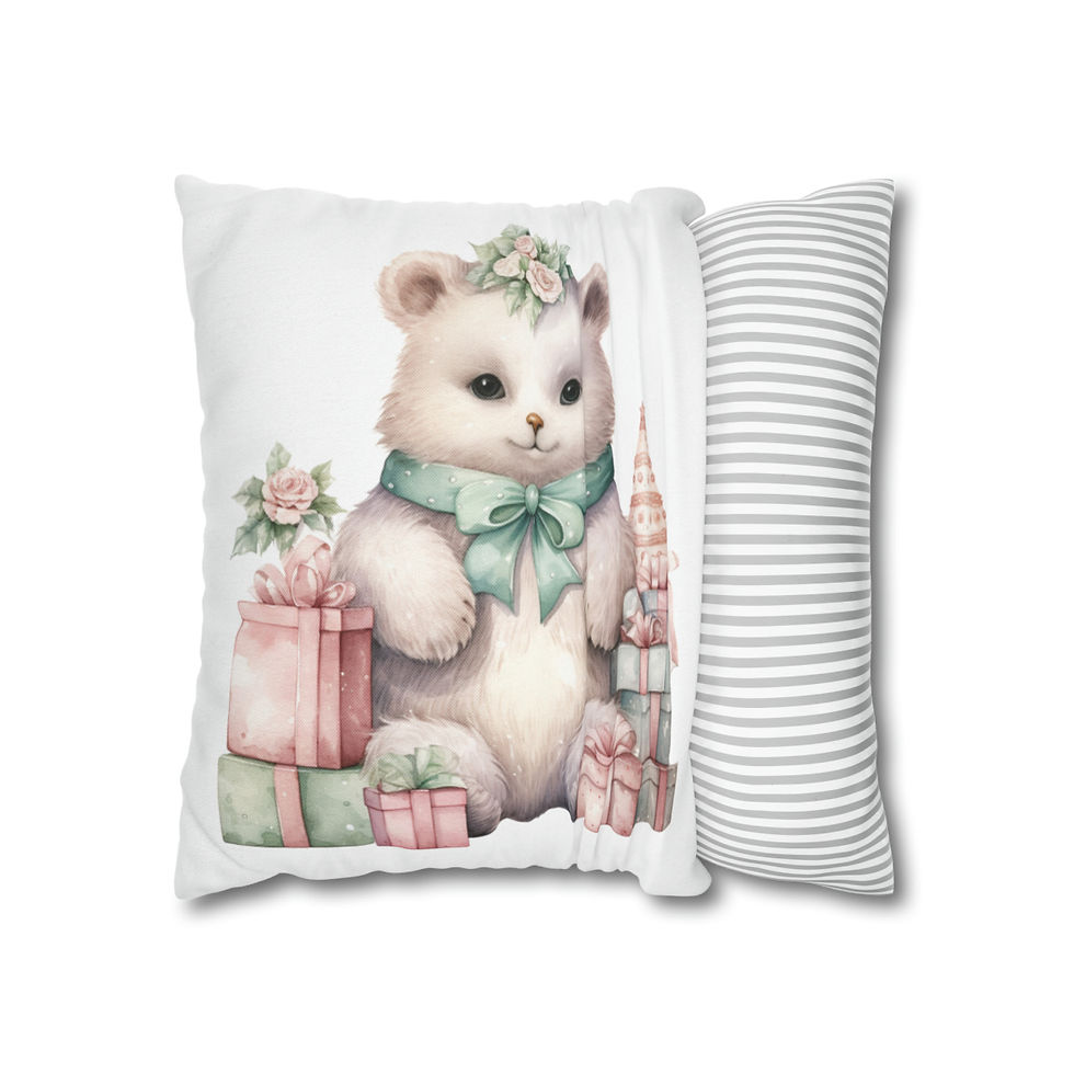 Thumbnail: Shabby Christmas Throw Pillow cover Victorian Bear Pink Nursery Holiday Decor