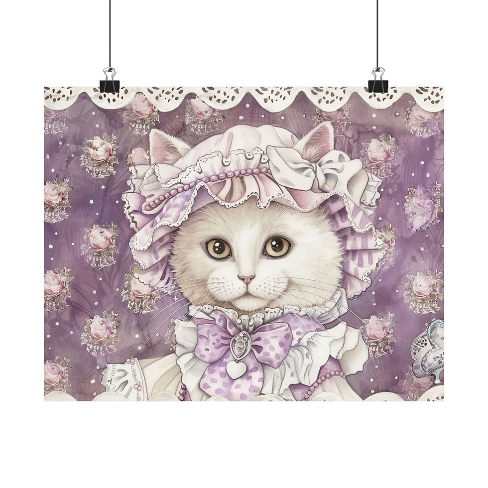 Thumbnail: Shabby Cat Art Print Victorian Kitty in Hat Pastel Roses Cat Lover Decor Gift