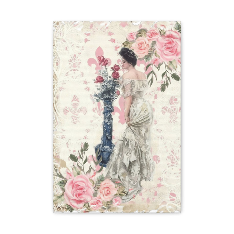 Thumbnail: Shabby French Cottage Art Canvas Beautiful Woman Canvas Print Pink roses