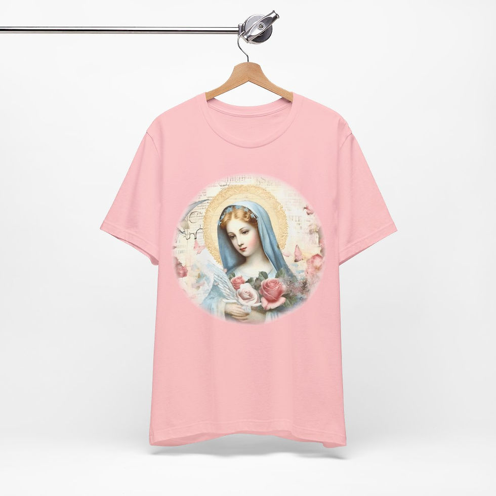 Thumbnail: Virgin Mary T-Shirt Pink Rose Shabby Chic Ave Maria Art Tee Catholic Faith Gift