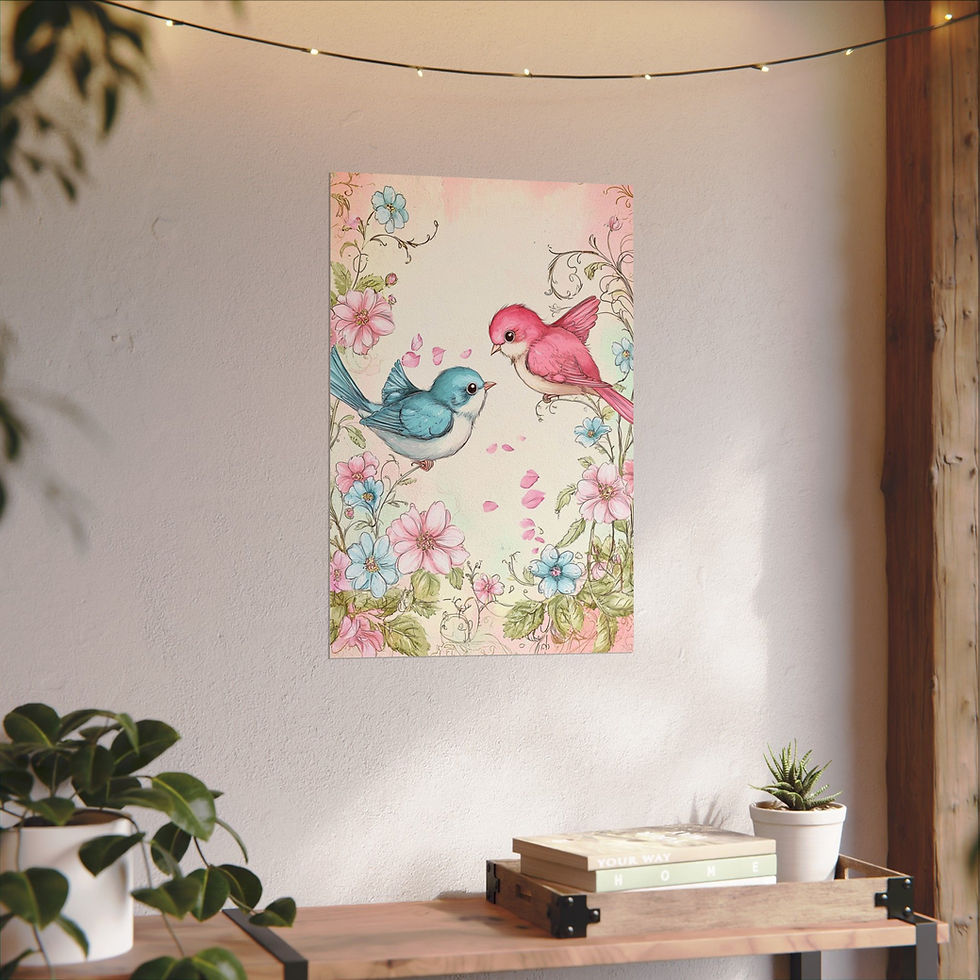 Thumbnail: Love Birds Watercolor Art Print Shabby French Country Decor Pastel Pink & Blue