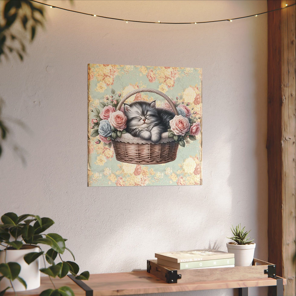 Thumbnail: Cat Watercolor Art Print Kitten Sleeping in a Basket with Roses Shabby Decor