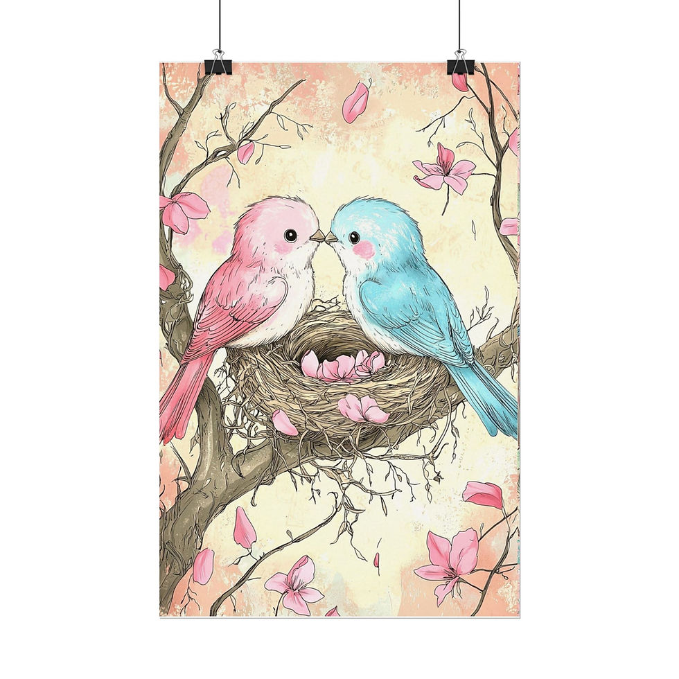 Thumbnail: Love Bird Nest Watercolor Art Print Shabby Flowers French Country Pastel Decor