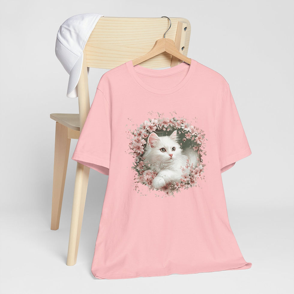 Thumbnail: Artistic Cat T-Shirt Shabby Pink flowers & White Kitten Art Cute Cat Lover Gift