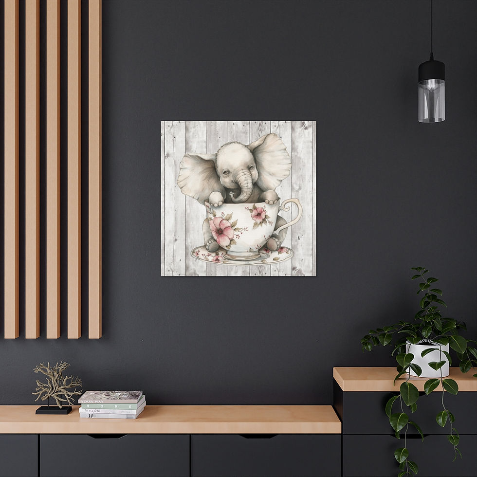 Thumbnail: Shabby Farmhouse Canvas Art Teacup Elephant Pastel Flowers Tea Wall Decor