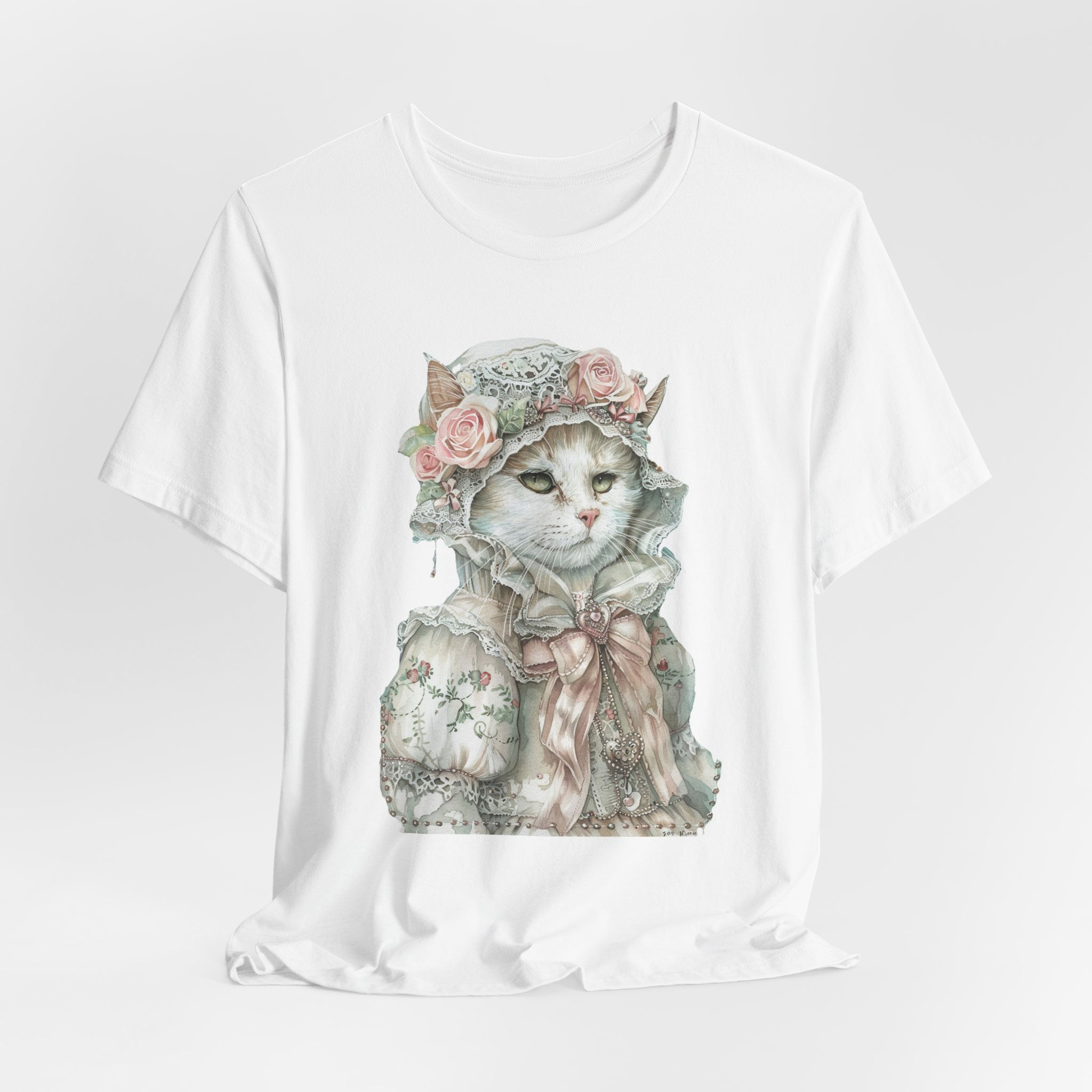Victorian Cat Art T-Shirt Shabby Mint & Pink Hat Roses Artistic Cat Lover Gift