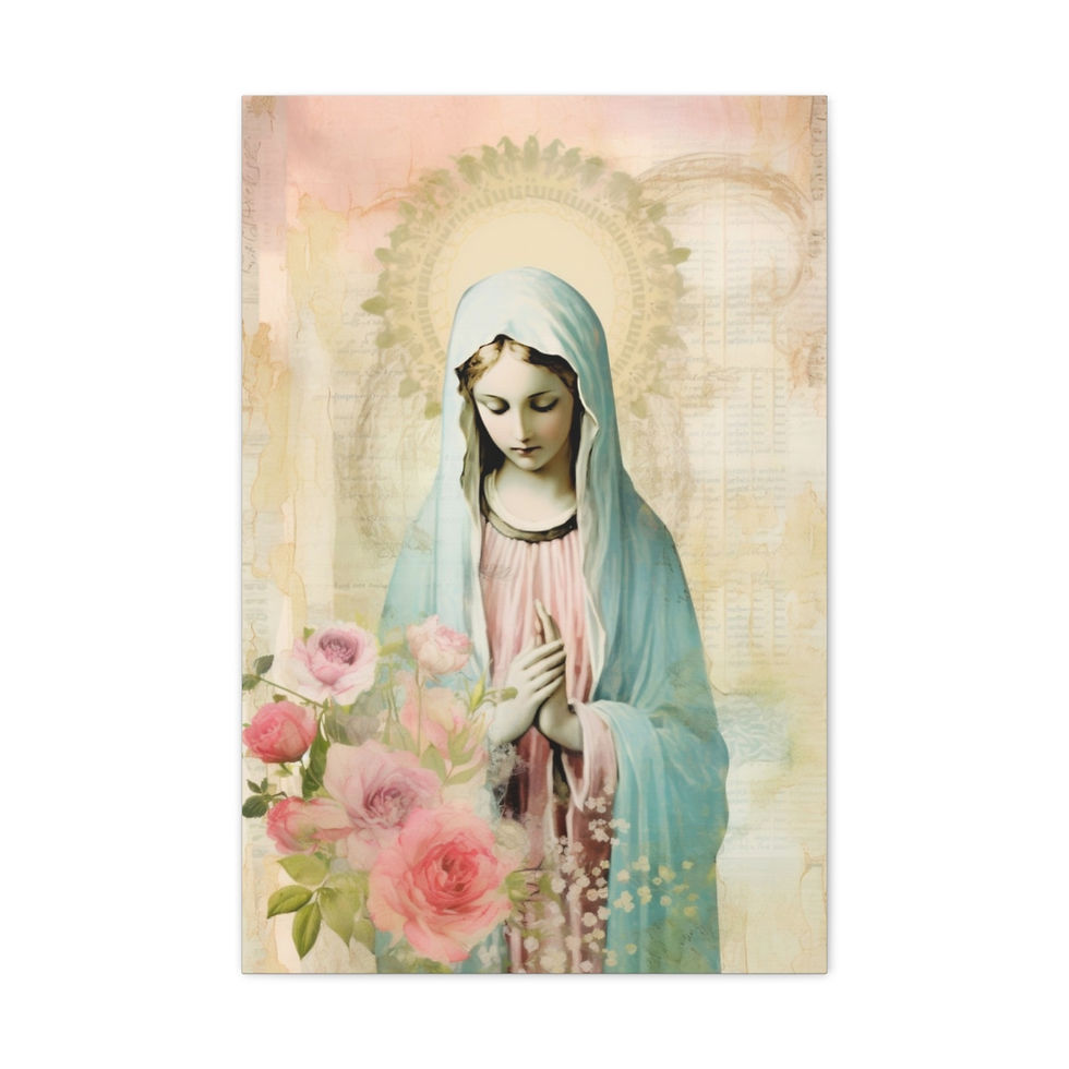 Thumbnail: Shabby Virgin Mary Canvas Art Vintage Green & Pink Roses Pastel Religious Decor