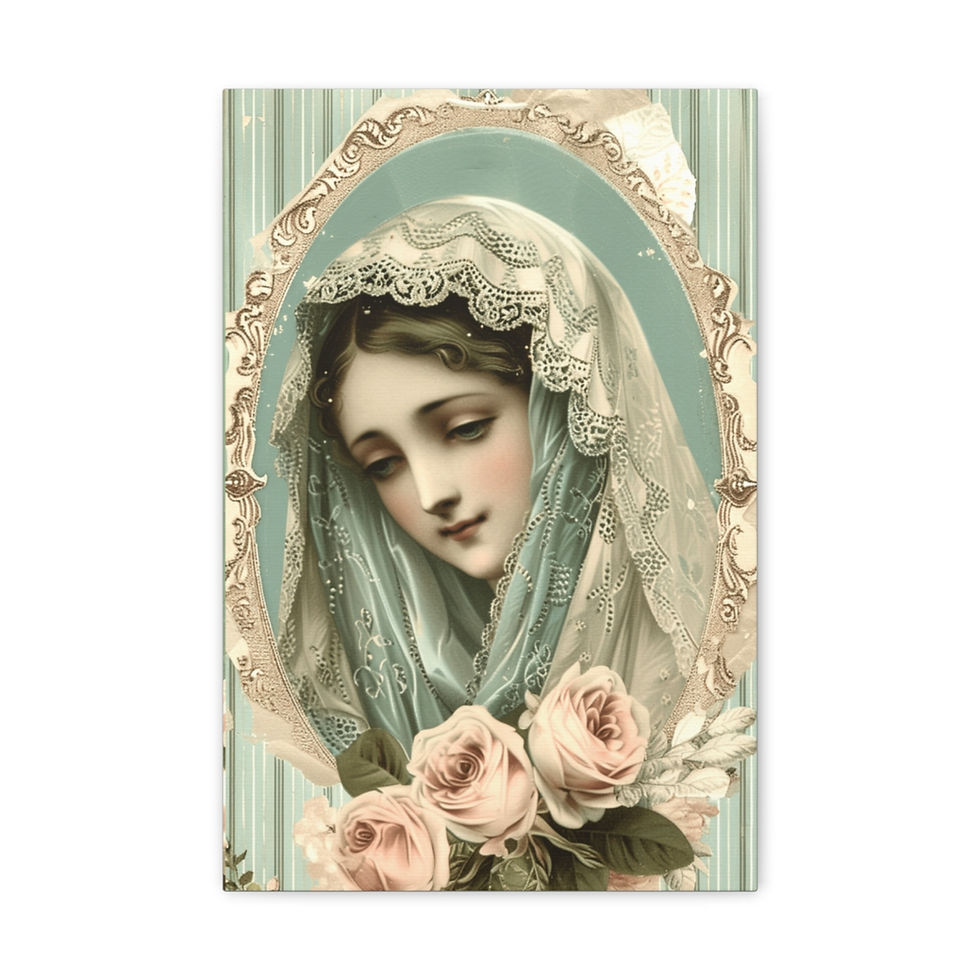 Thumbnail: Shabby Virgin Mary Canvas Art Vintage Green & Pink Roses Pastel Religious Decor
