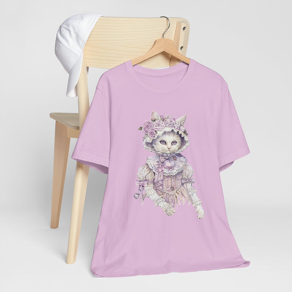 Thumbnail: Victorian White Cat Art T-Shirt Shabby Roses Bonnet Hat Artistic Cat Lover Gift