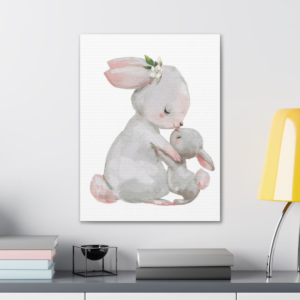 Thumbnail: Nursery Canvas Art Watercolor Print Kissing Bunny Mother & Baby Wall Decor