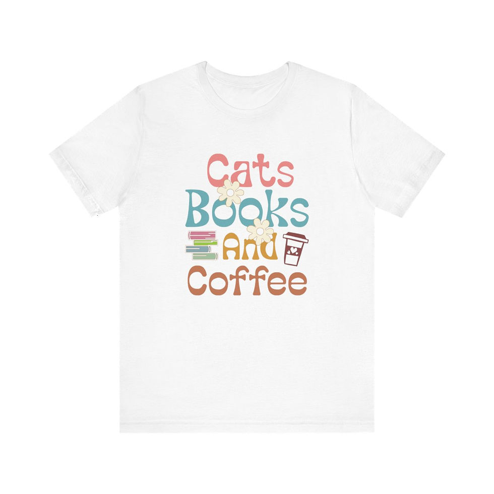 Thumbnail: Reading Theme T-Shirt Cats Book and Coffee Expressive Apparel Artistic Gifts