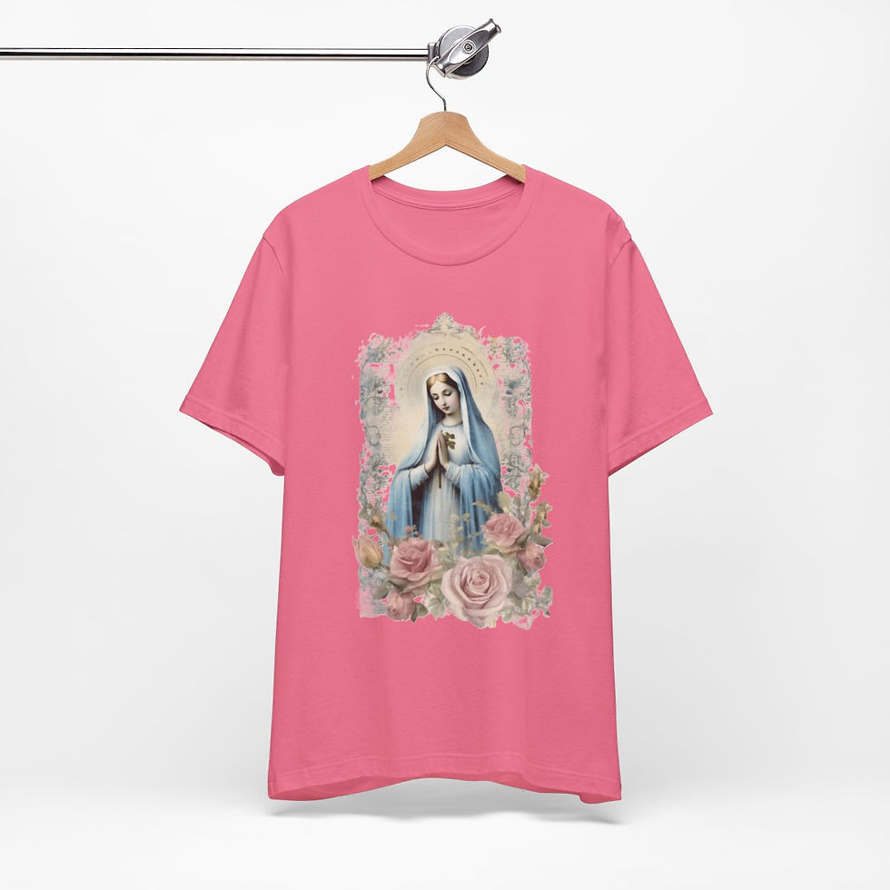 Thumbnail: Virgin Mary T-Shirt Shabby pink Roses Ave Maria Art Tee Catholic Faith Gifts