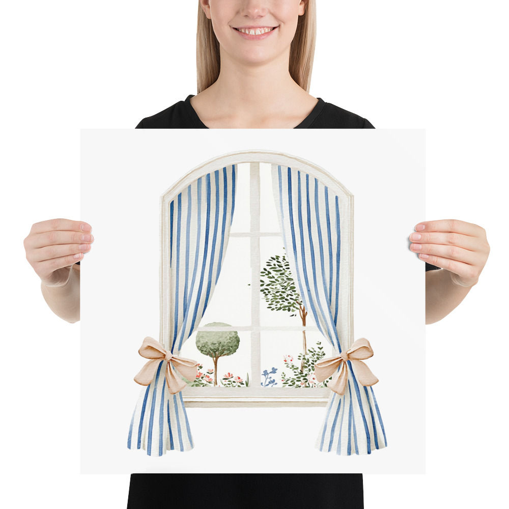 French Country Decor, Blue and White Watercolor Art Print, Landscape Garden