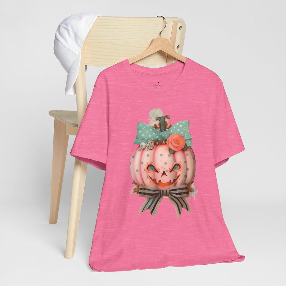 Thumbnail: Halloween T-Shirt Creepy Pumpkin Shabby Pink Roses Art Tee Trendy Apparel Gift