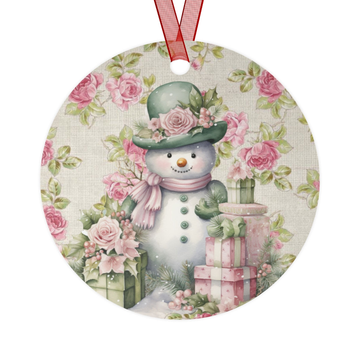 Shabby Snowman Christmas Ornament Pink Roses Vintage Artistic Christmas Decor