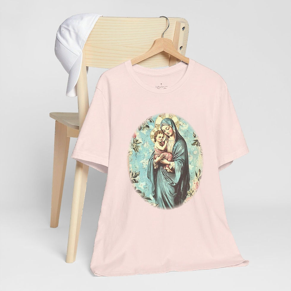 Thumbnail: Catholic T-Shirt Shabby Madonna and Child Jesus Pink Roses Mother Mary Art Tee