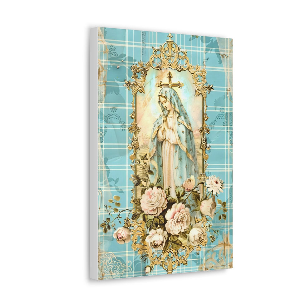 Thumbnail: Shabby Virgin Mary Canvas Art Vintage Blue White Pink French Country Wall Decor 