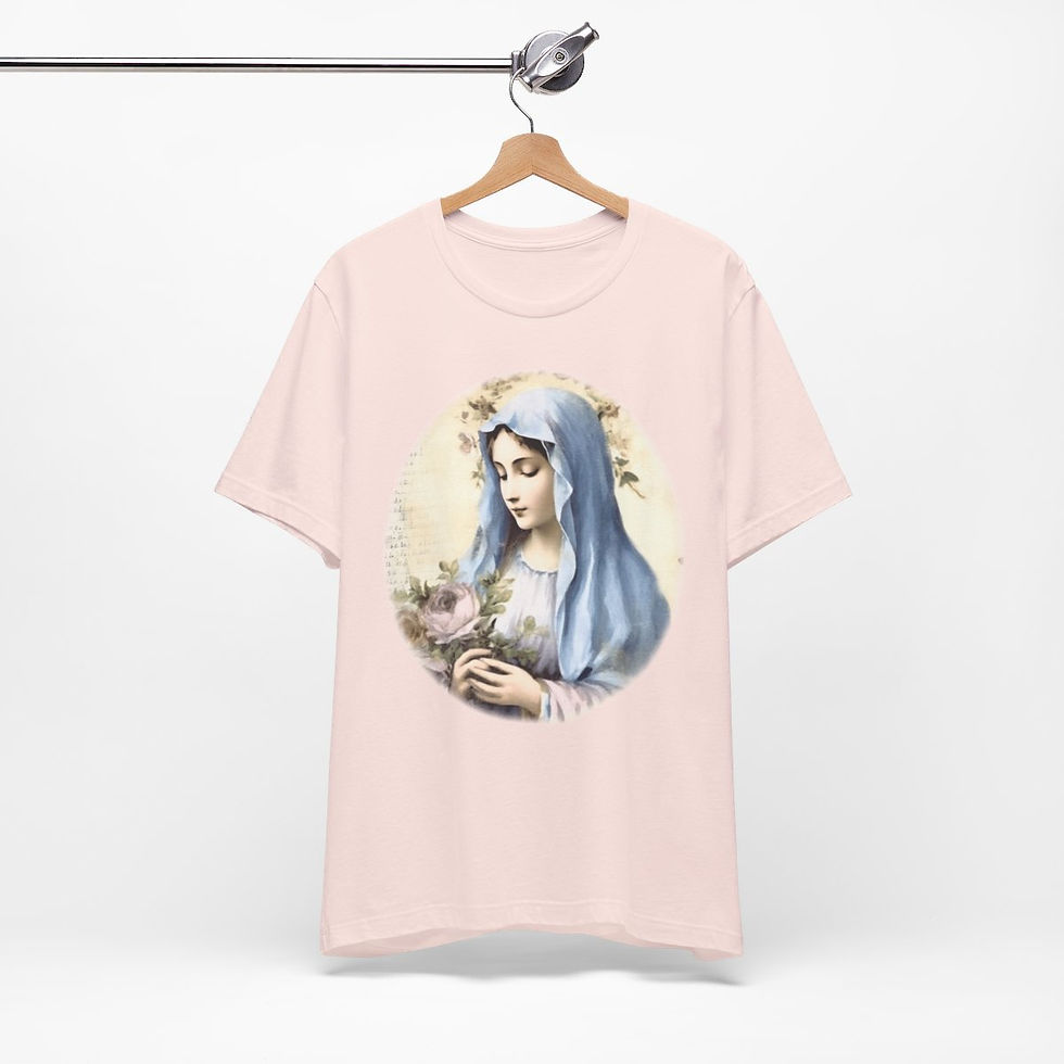 Thumbnail: Virgin Mary T-Shirt Pink Rose Shabby Chic Ave Maria Art Tee Catholic Faith Gift
