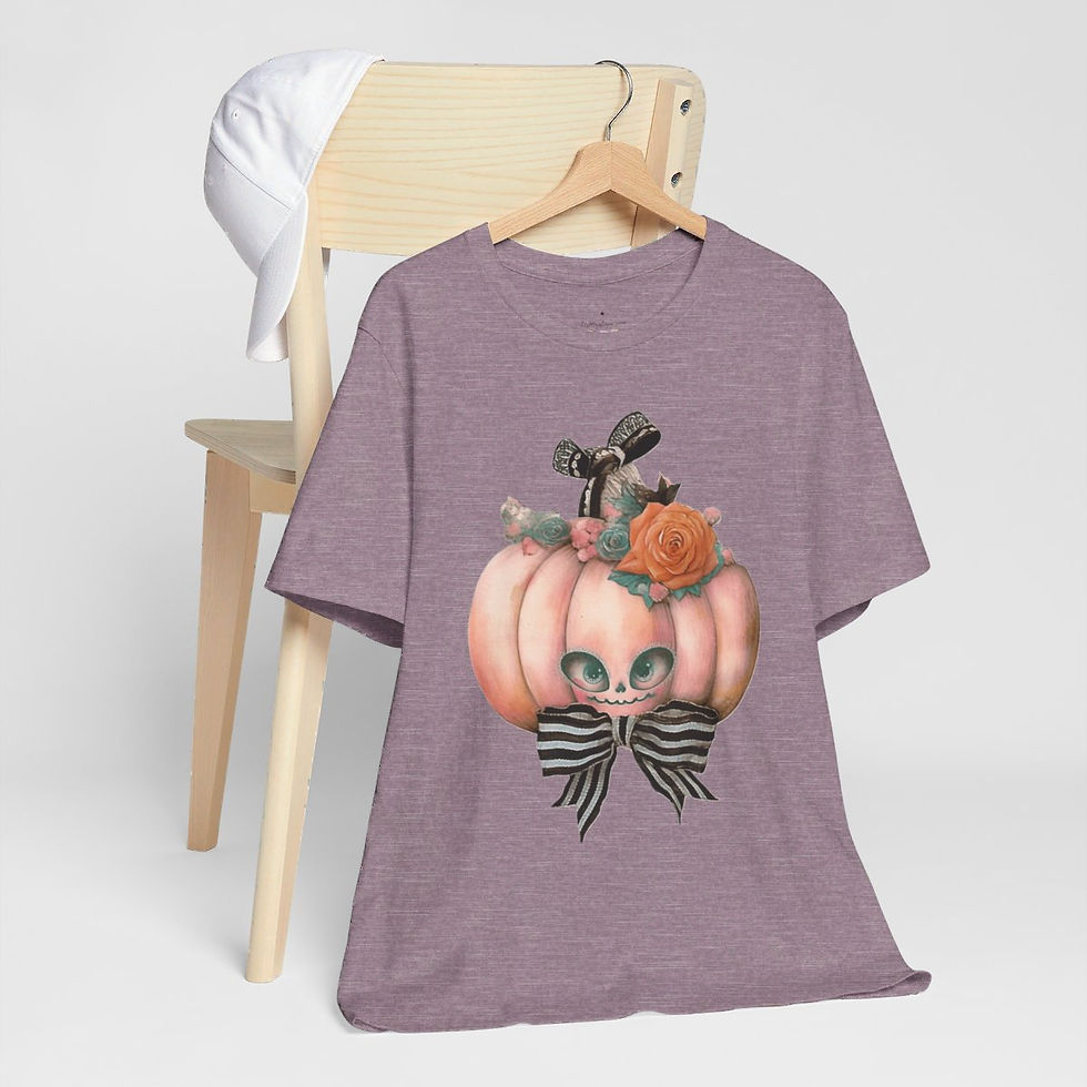 Thumbnail: Halloween T-Shirt Creepy Pumpkin Shabby Pink Roses Art Tee Trendy Apparel Gift