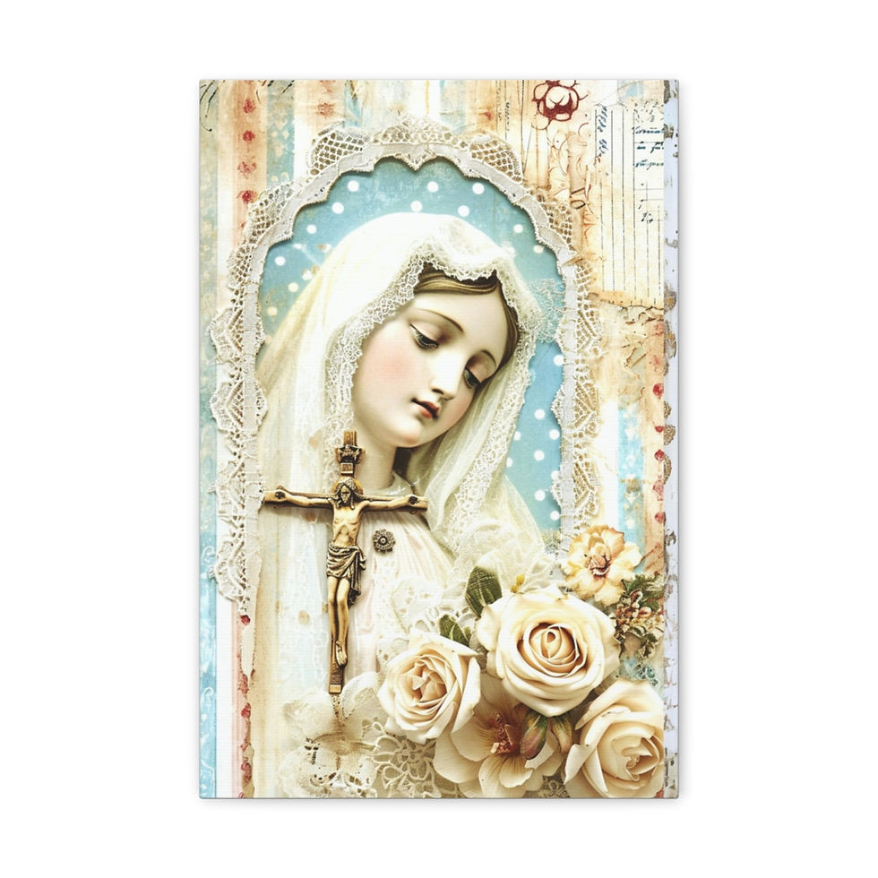 Thumbnail: Shabby Virgin Mary Canvas Art French Crucifix Wall Decor Pastel Blue White Roses