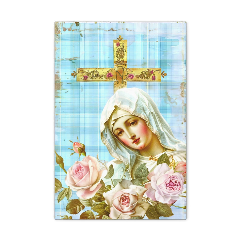 Thumbnail: Shabby Virgin Mary Canvas Art Vintage Blue White Pink French Country Wall Decor 