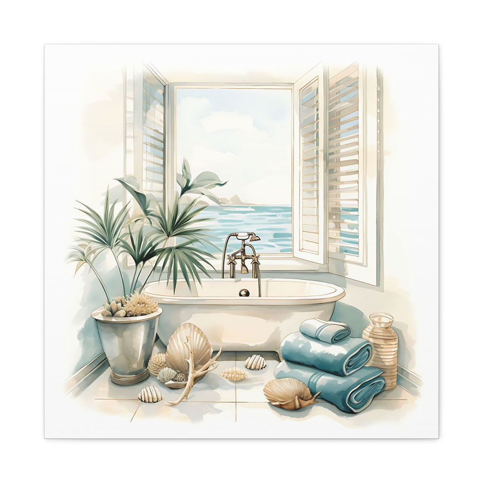 Thumbnail: Beachy Decor Bathroom Canvas Art Clawfoot Tub Sea Shells Beach Watercolor Print