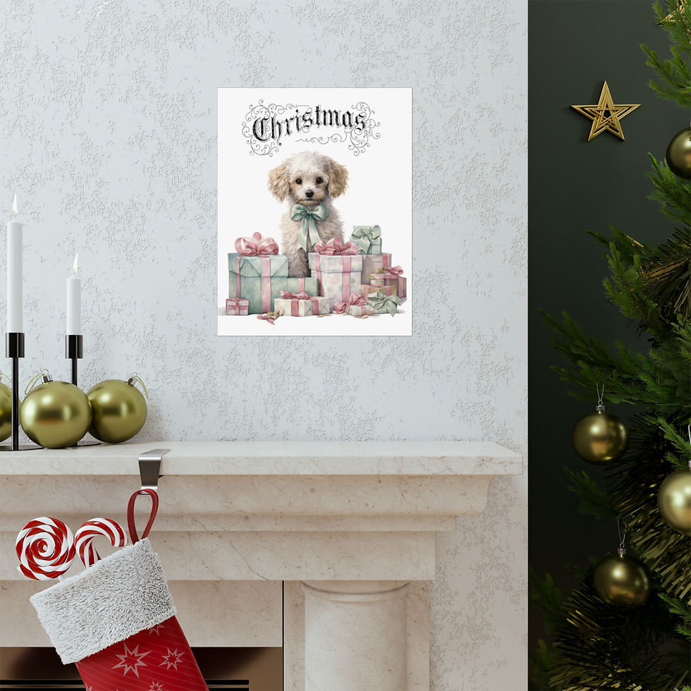 Thumbnail: Nostalgic Vintage Christmas Decor Shabby Chic Puppy Dog Art Print Pink Green