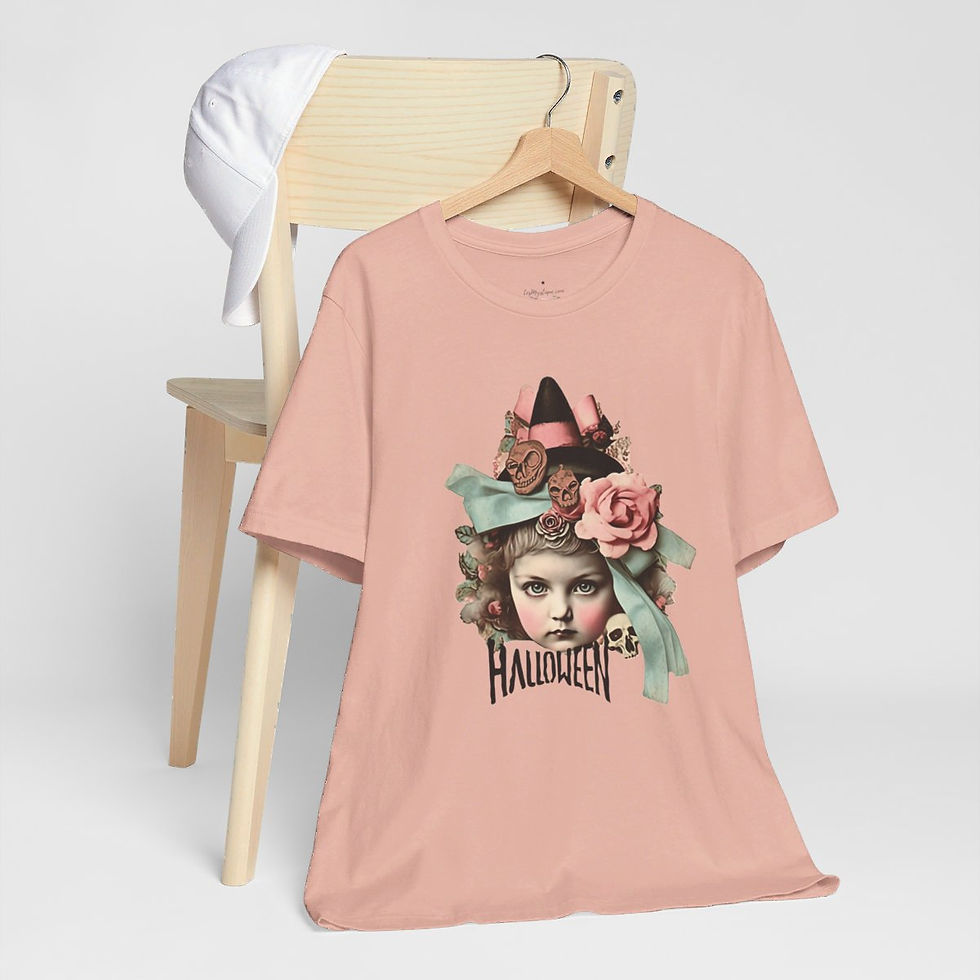 Thumbnail: Halloween T-Shirt Creepy Girl Witch Pink Roses Art Tee Trendy Apparel