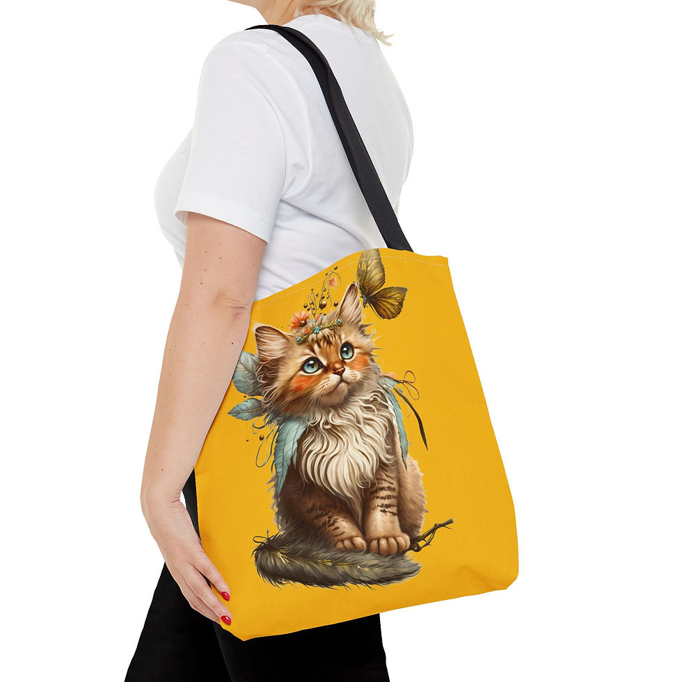Thumbnail: Boho Cat Tote Bag Shabby Kitten with Feathers Flowers Cat Lover Expressive Gift